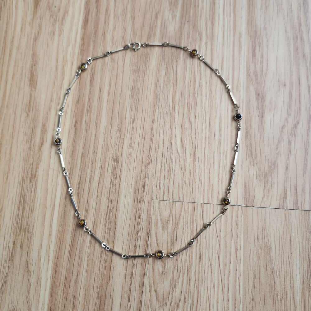 Gold Tone Bar Link Station Necklace Faux Amber Black Cabochon Beads 18 in Danity